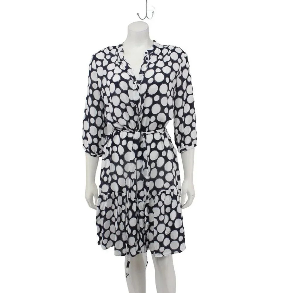 Tyler Boe Navy Blue White Polka Dot 3/4 Sleeve Belted Button Up Dress Size 6